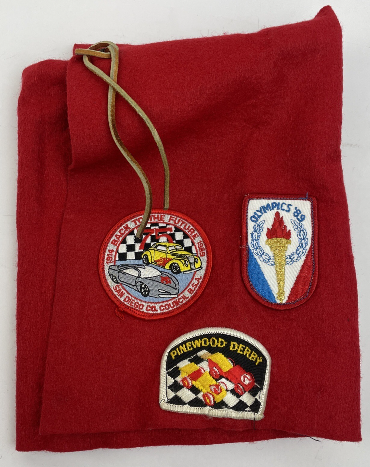 Vintage 1980's Red Felt Boy Scout Vest With 7 Patches 89 Olympics Pinewood Derby