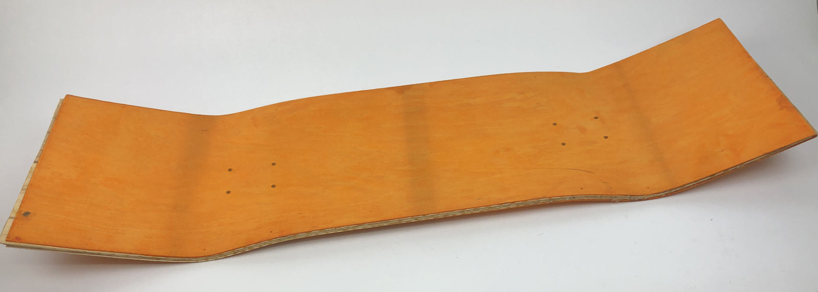 Blank uncut 10 x 34-inch orange stain skateboard deck with 14.25-inch wheelbase.