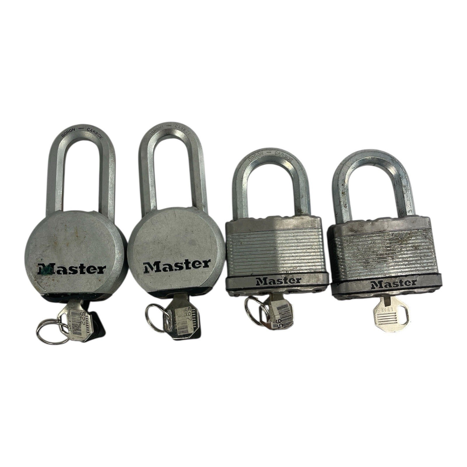 Lot of 4: Master Solid Steel Boron Carbide Contractor Grade Padlock with Keys