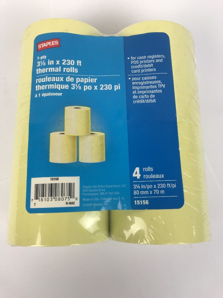 4 Staples Thermal Paper Rolls 28402, 3 1/8"(W) x 230'(L)