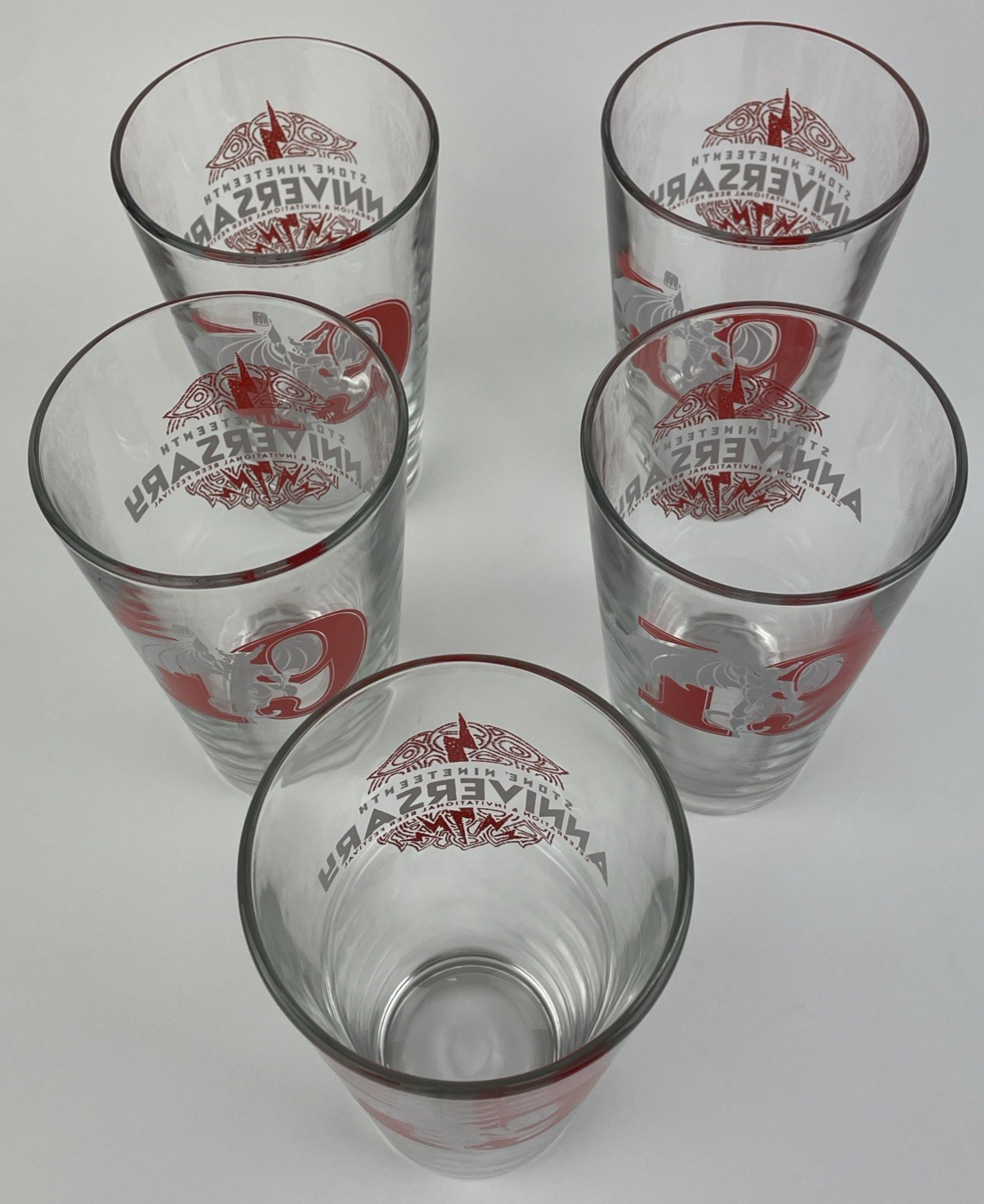 Lot of 5 x STONE BREWERY  19th Annaversary " Gargoyle Raise a PINT " GLASSES NOS