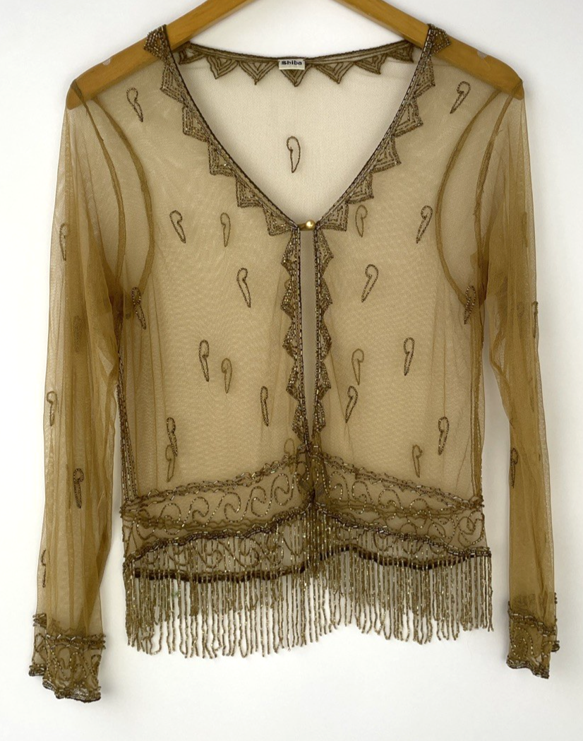 SHIBA Vintage Sheer Mesh Long Sleeve Hand Beaded V Neck Gold Tone Tunic Small