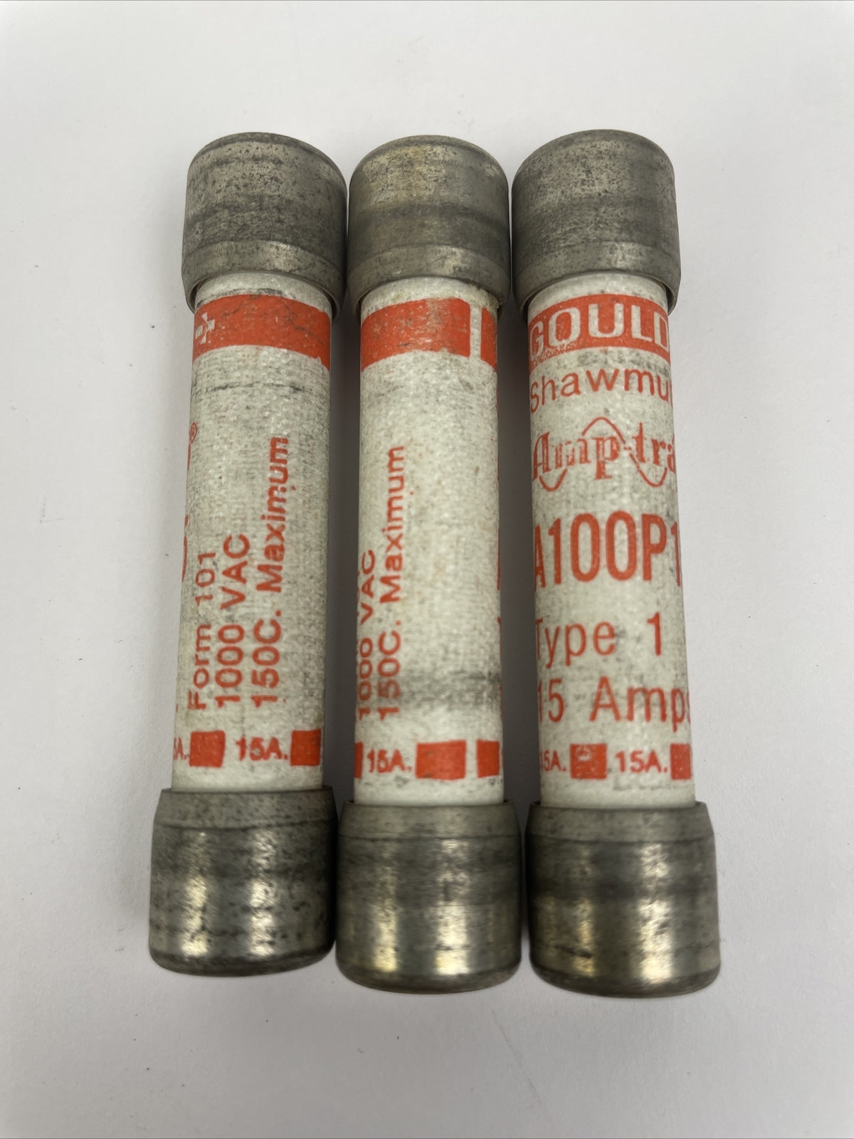 Lot of 3 x GOULD SHAWMUT FUSES A100P15 Type 1 15 AMPS Form 101 1000 VAC