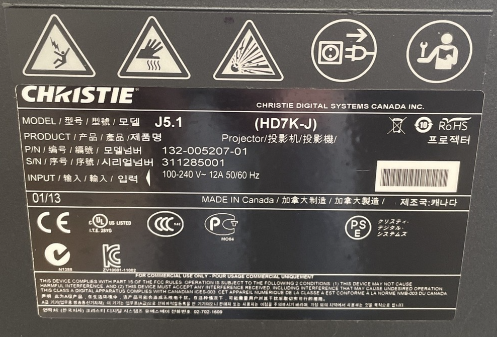 Christie Model Number # HD7K-J Projector - No Lens