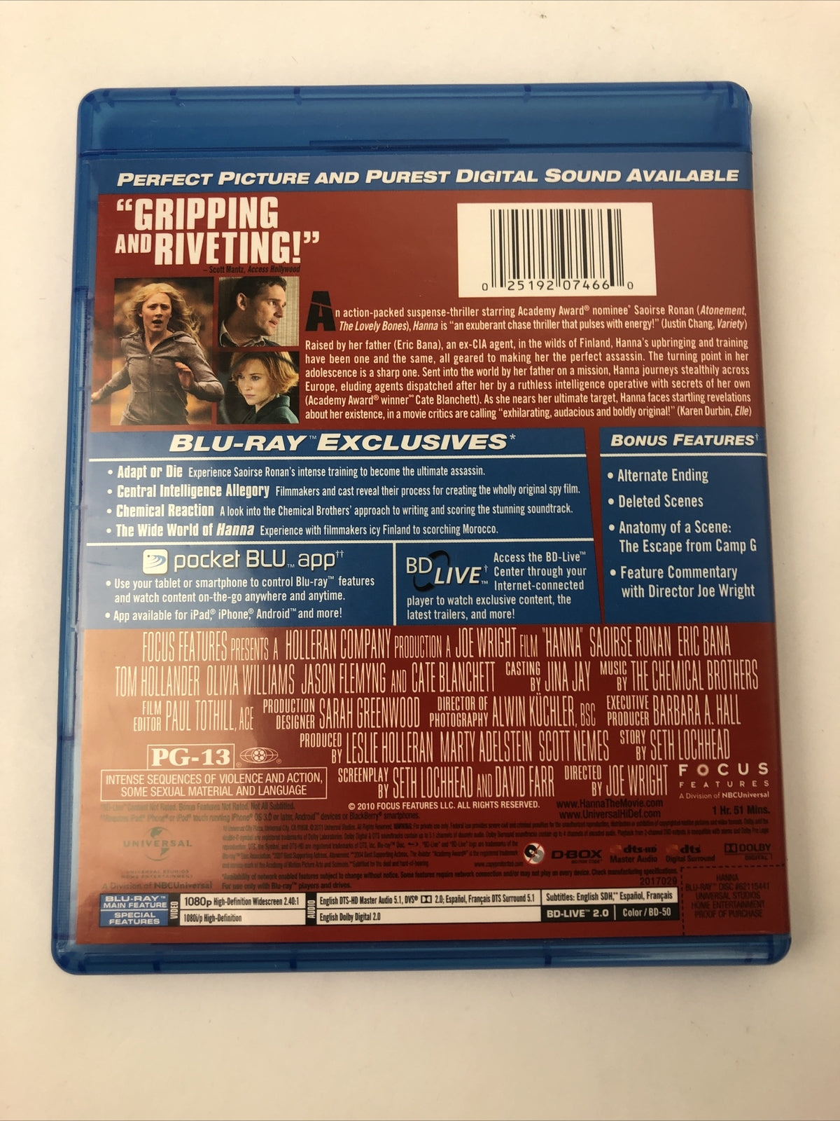 Hanna By Joe Wright  (Blu-ray, 2011) Cate Blanchett - Mint Disc