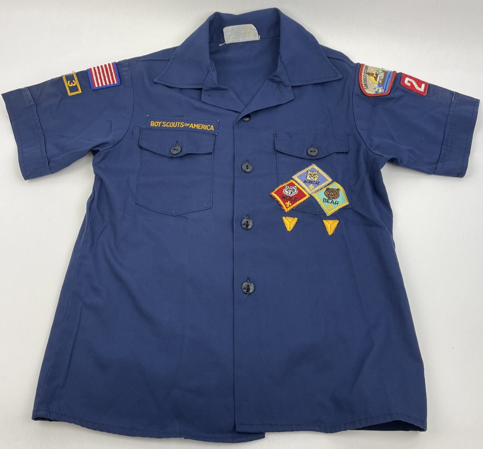 SD Boy Scouts of America BSA Youth Shirt Blue Size 12 w 11 x Sewn on patches