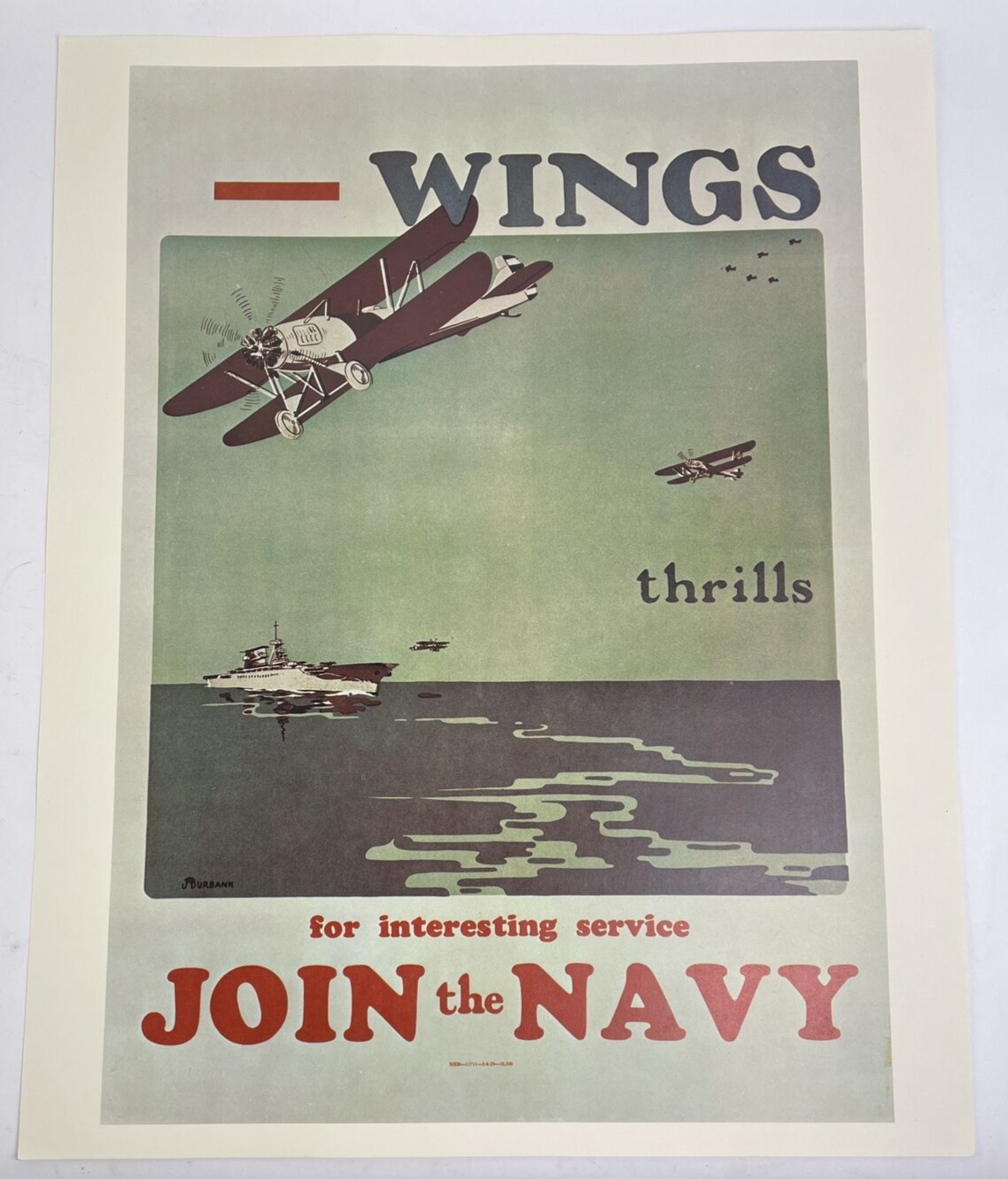 PRINT OF WWII NAVY Wings Thrills Navy RECRUITMENT POSTER Join the NAVY 20" x 16"