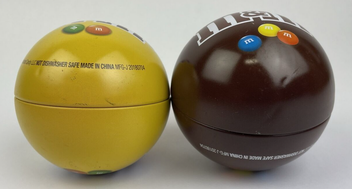 Lot of 2 x M&M Chocolate & Peanut METAL BALL CHRISTMAS ORNAMENT Empty -Rare Find