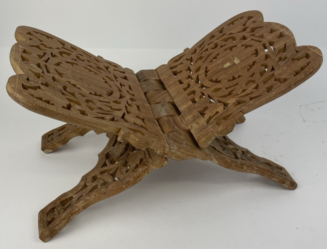 Vintage Hand Carved Wooden Open Book Holder Folding Display Bible, Cookbook Rack
