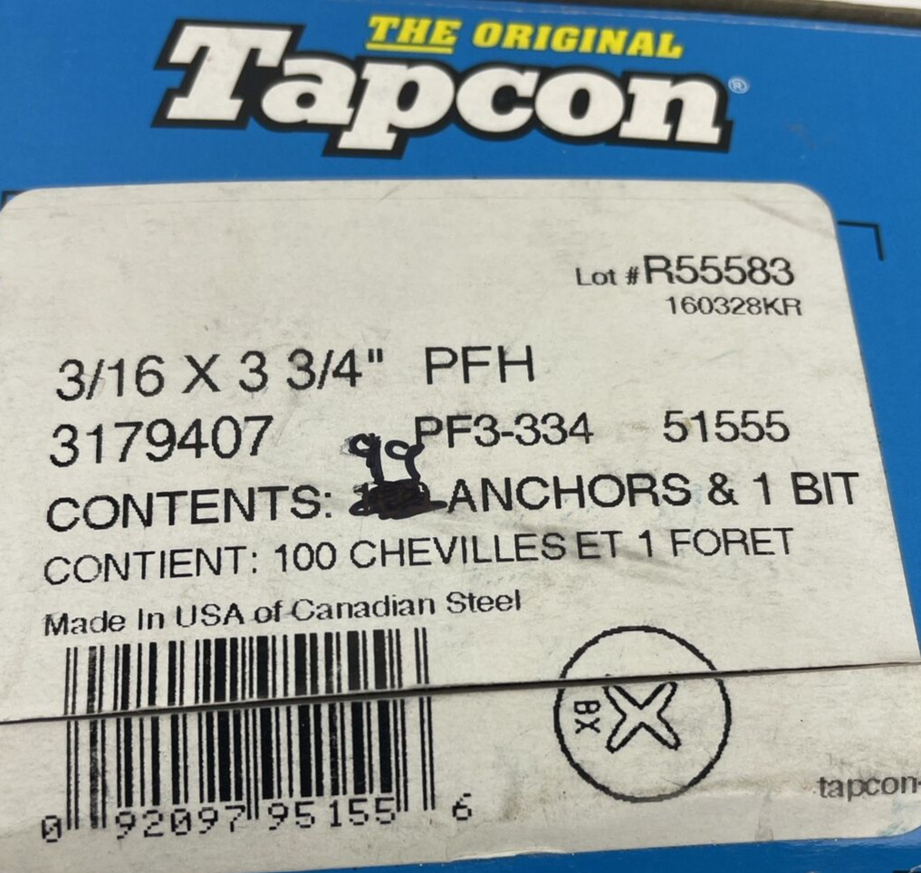 99 x Phillips Flat Head 3/16 x 3-3/4 Concrete Masonry Screw Tapcon Anchor & Bit