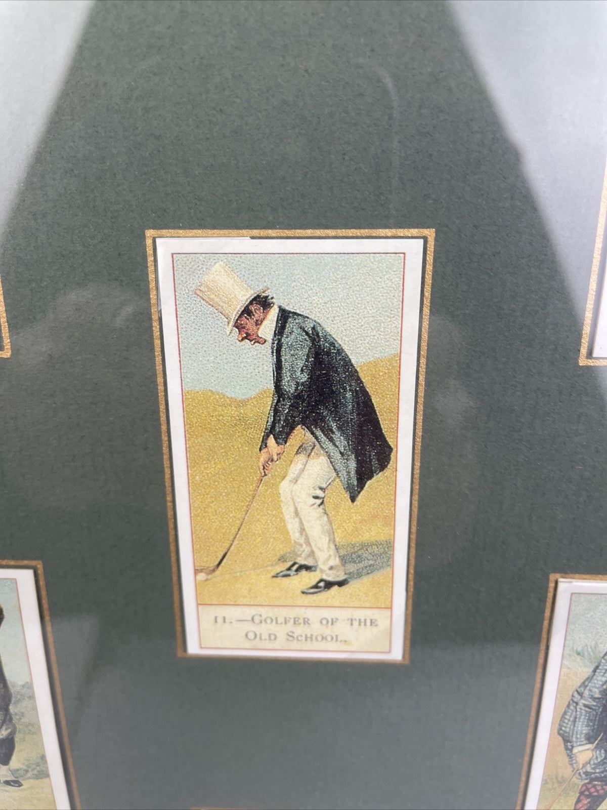 Framed and matted collection of 18 vintage style cigar tobacco golf trading cards with historical information display artwork collectible memorabilia