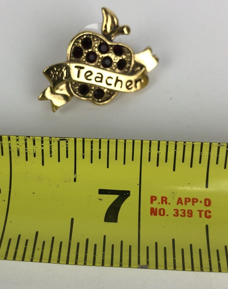 Vintage Avon Gold Tone Red Rhinestone Apple #1 Teacher Ribbon Brooch Lapel Pin 
