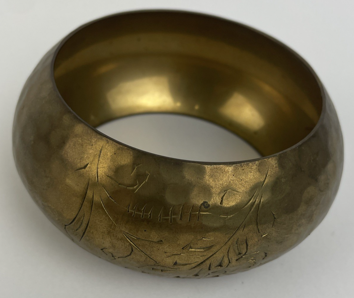 Floral Etched Brass Wide Chunky Large Hammered Bohemian Women’s Bangle Bracelet