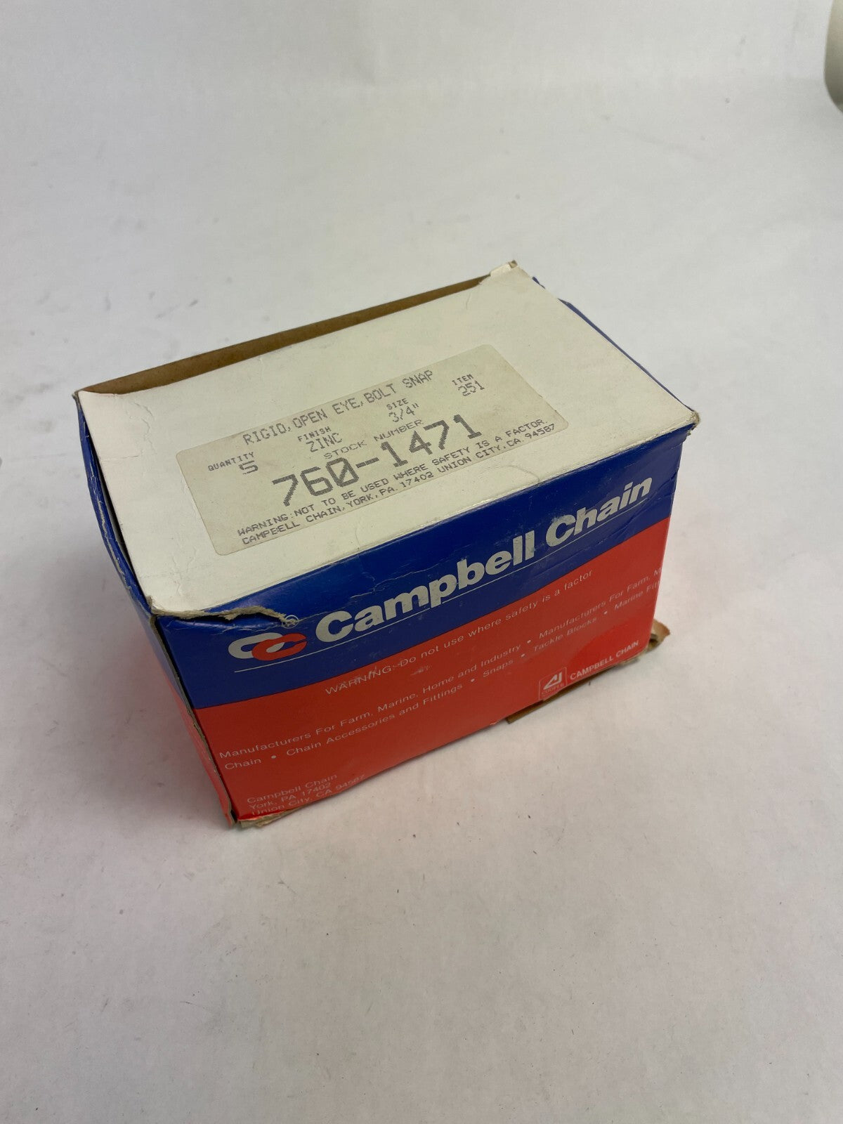 LOT of 5: Campbell Chain Rigid Open Eye Bolt Snap Zinc  760-1471 size 3/4"