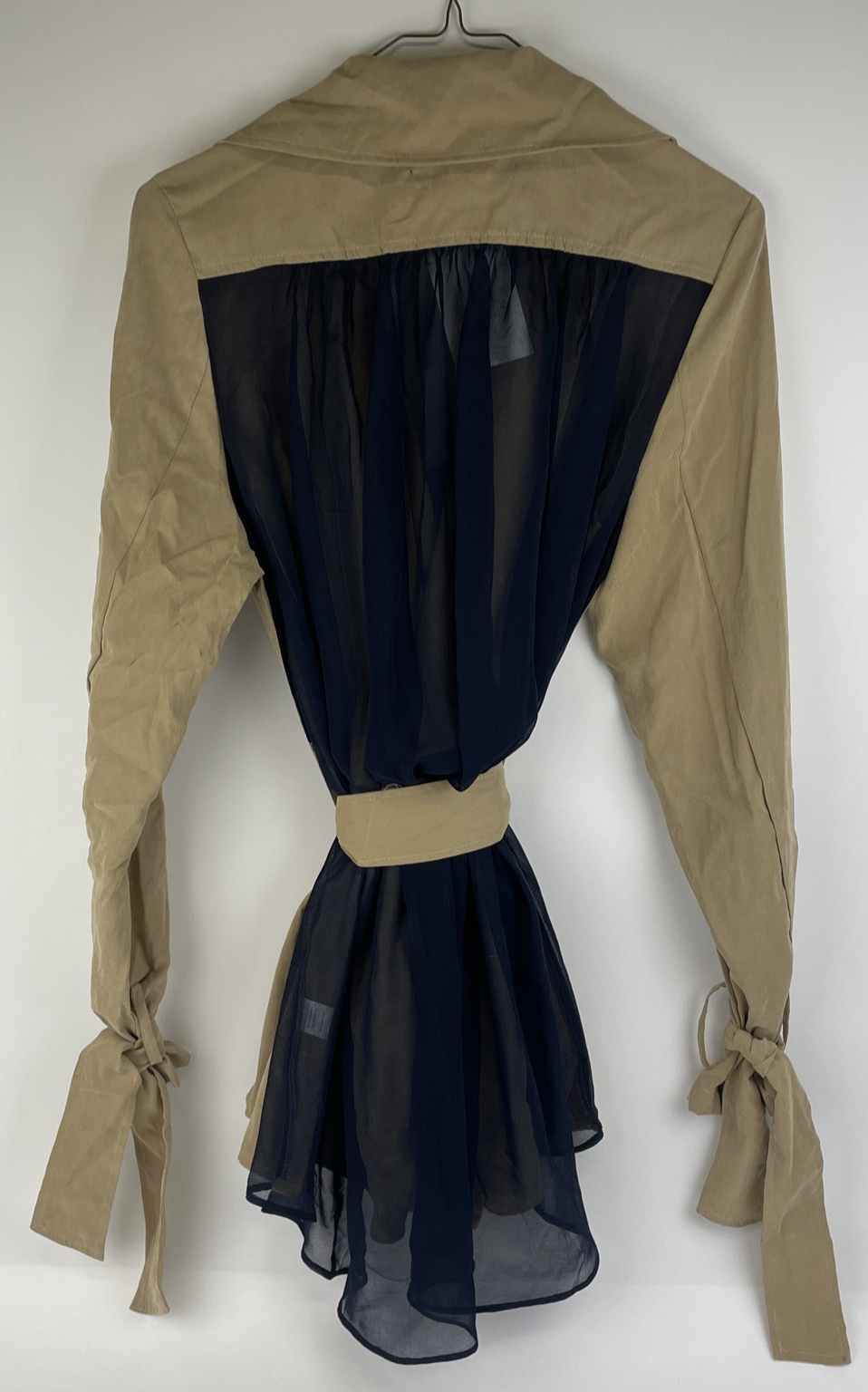 Audrey Belted Cropped Tan Trench Coat w Wide Lapels Sheer Nany Mesh Back Sz M
