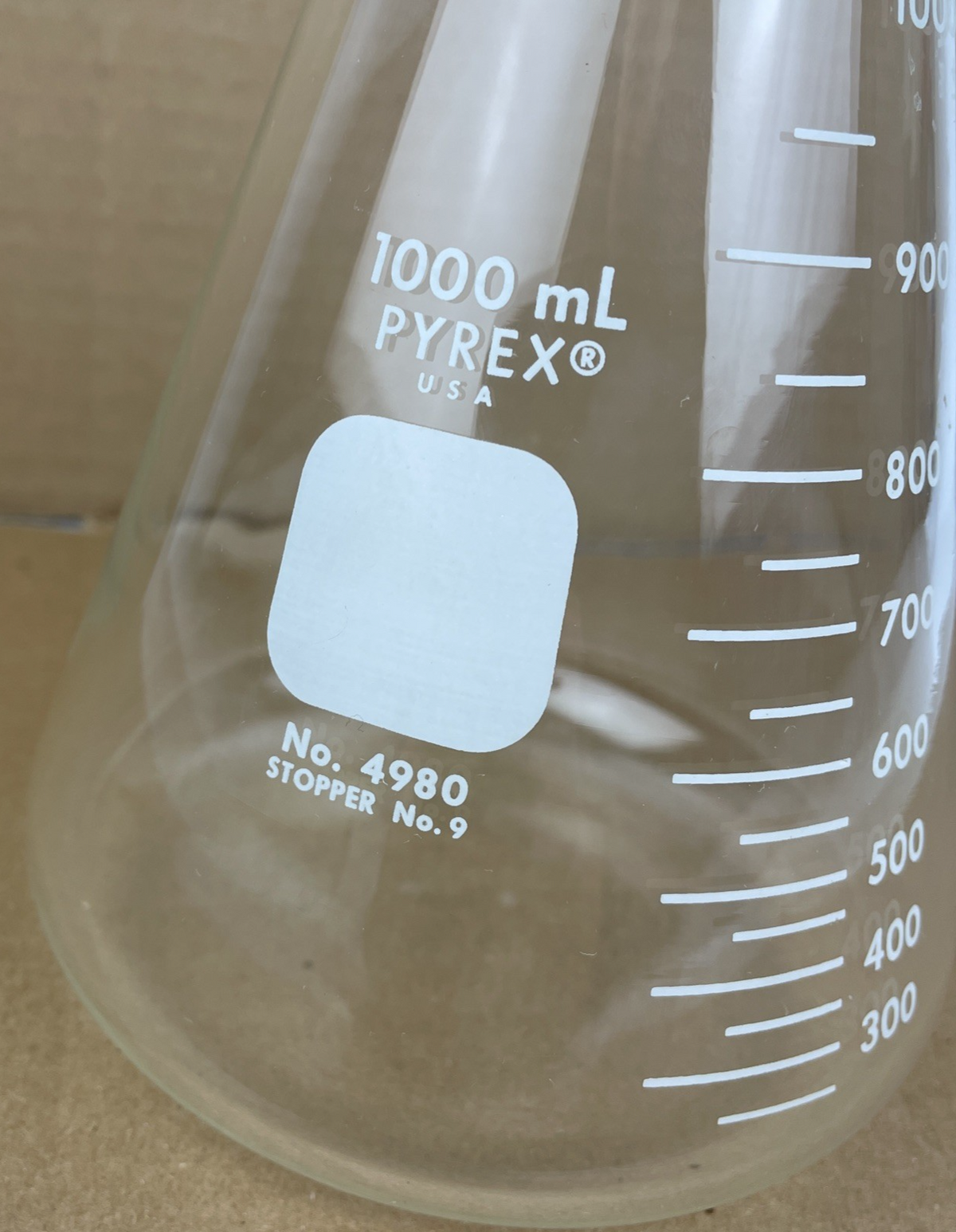 PYREX 1000mL Erlenmeyer Flask No. 4980 Stoper # 9 USA Laboratory Glass