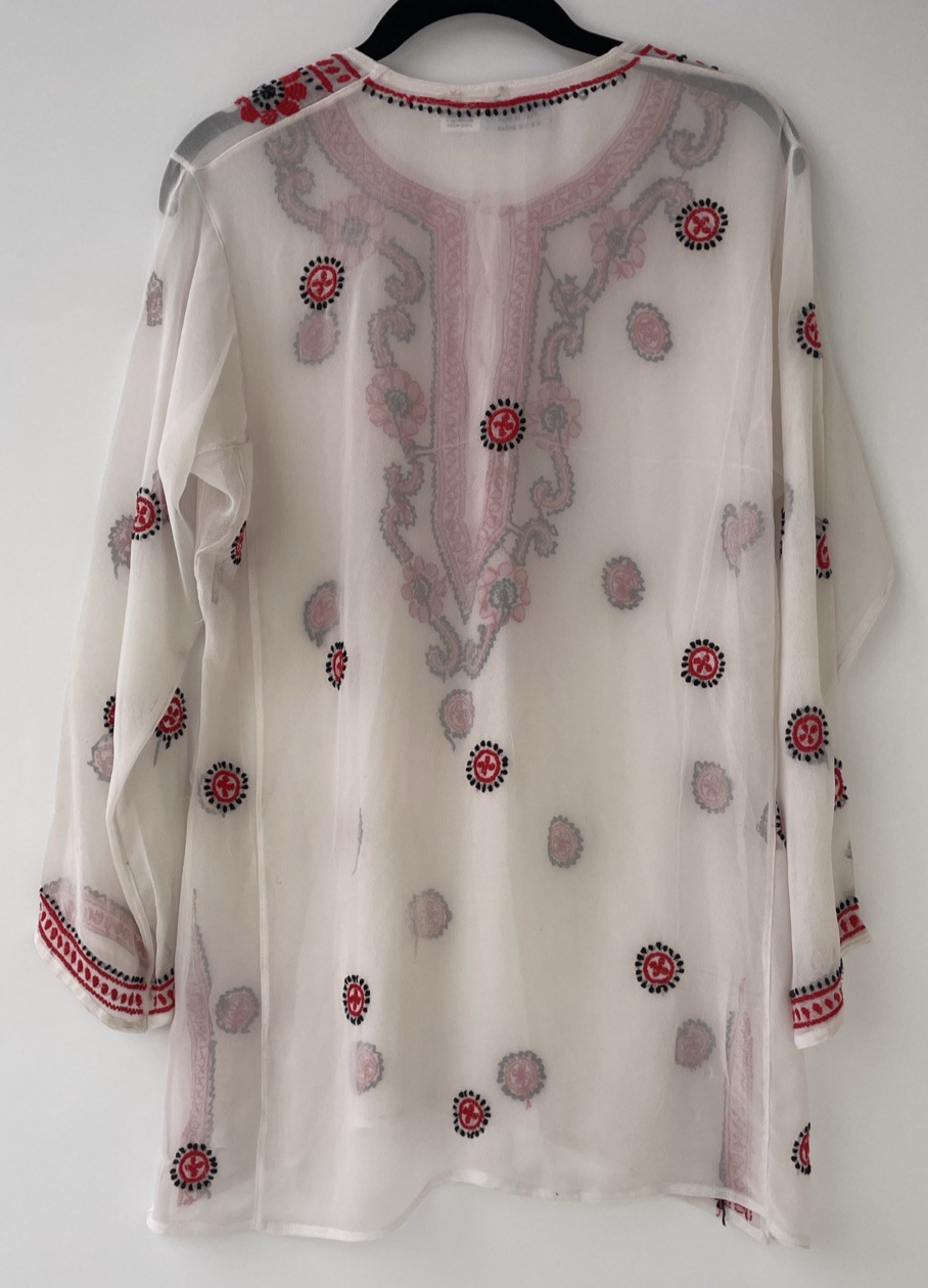 CoHabitat Linen Hand Embroidered Sheer Floral Button Front Tunic Top Size S / M