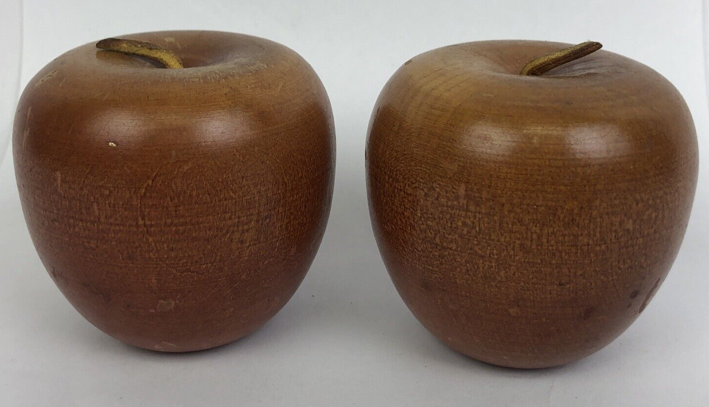 Lot of 2 x Decorative Wooden Apple with Leather Stem Fruit Vintage -  LOOK