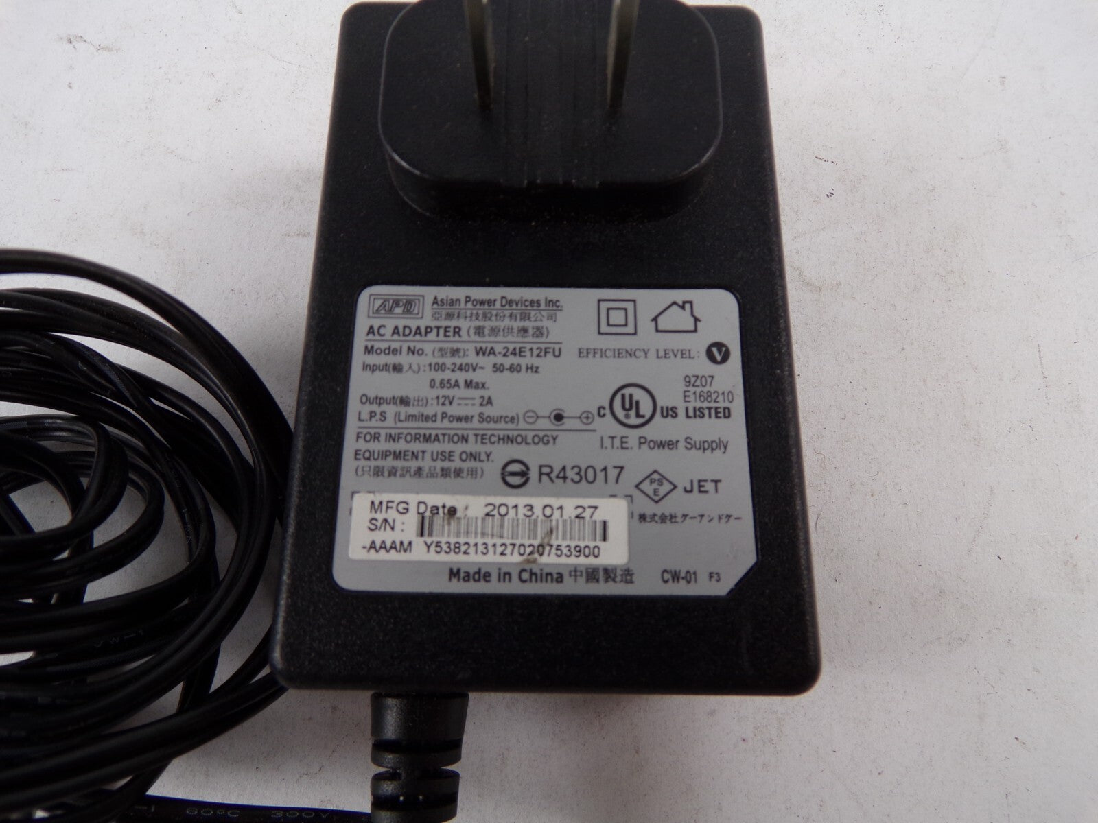 Geniune Asian Power Devices WA-24E12FU Output 12 V  2 A Power Supply Adapter A56