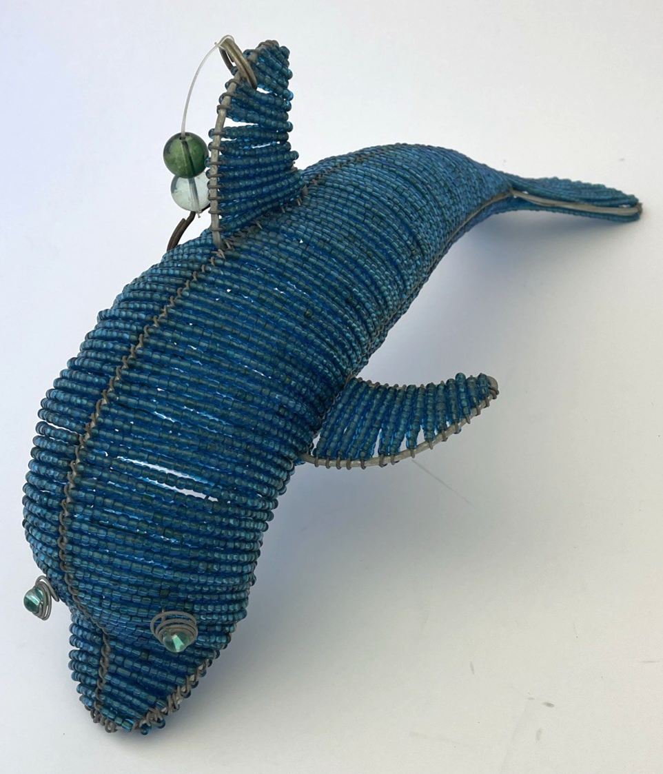 Dolphin Porpoise Beautiful Blue Bead Beaded Hanging HAND Made By Beadworx 12"