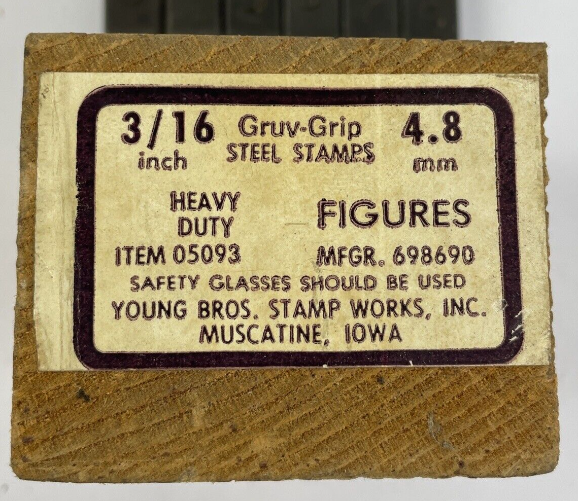 6 Vintage Gruv Grip 3/16" Steel Stamp Numbers Set Wood Box USA Made 0 2 5 6 7 8