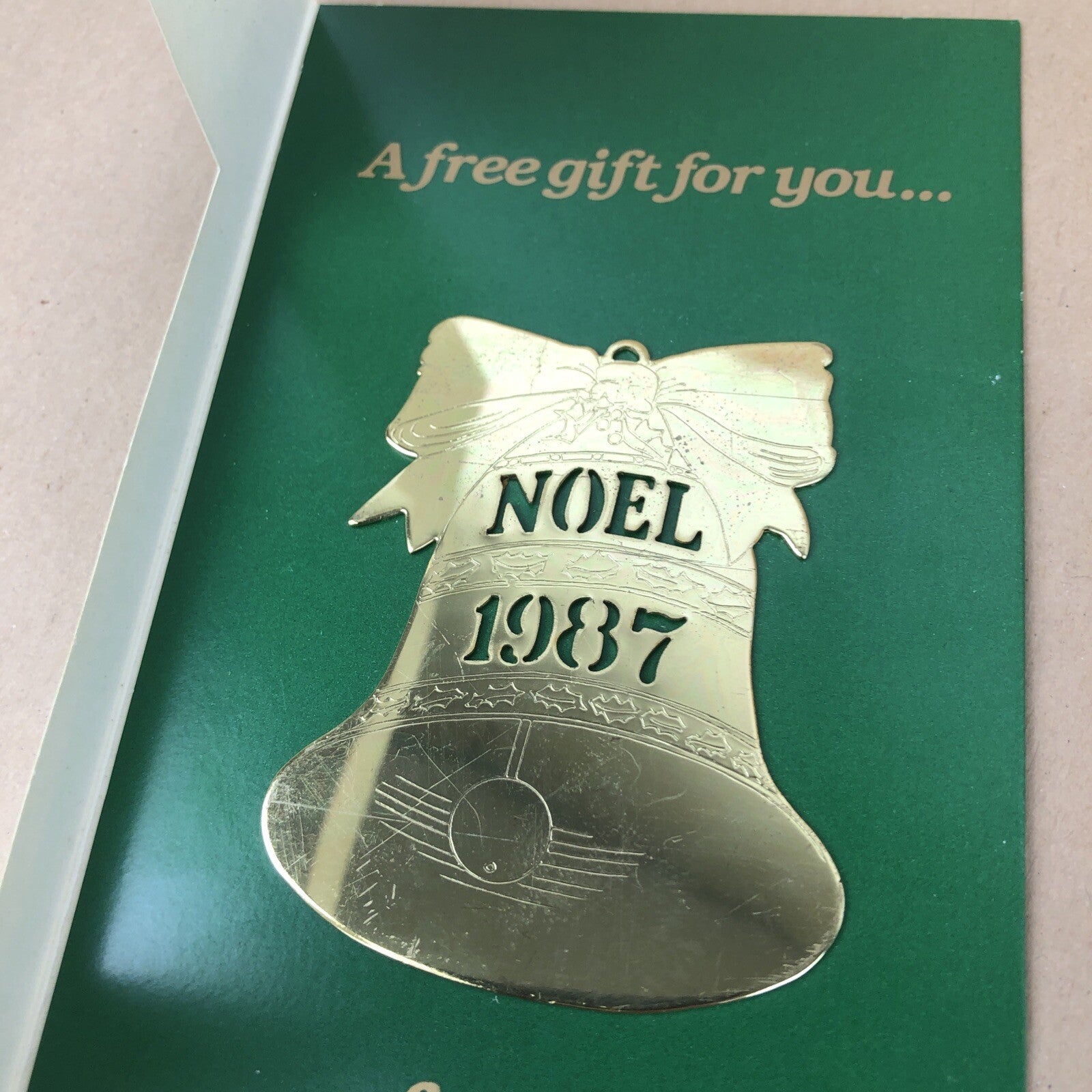Bell Noel 1987 Christmas Tree Ornament Metal Golden etched pierced 3" - FreeShip