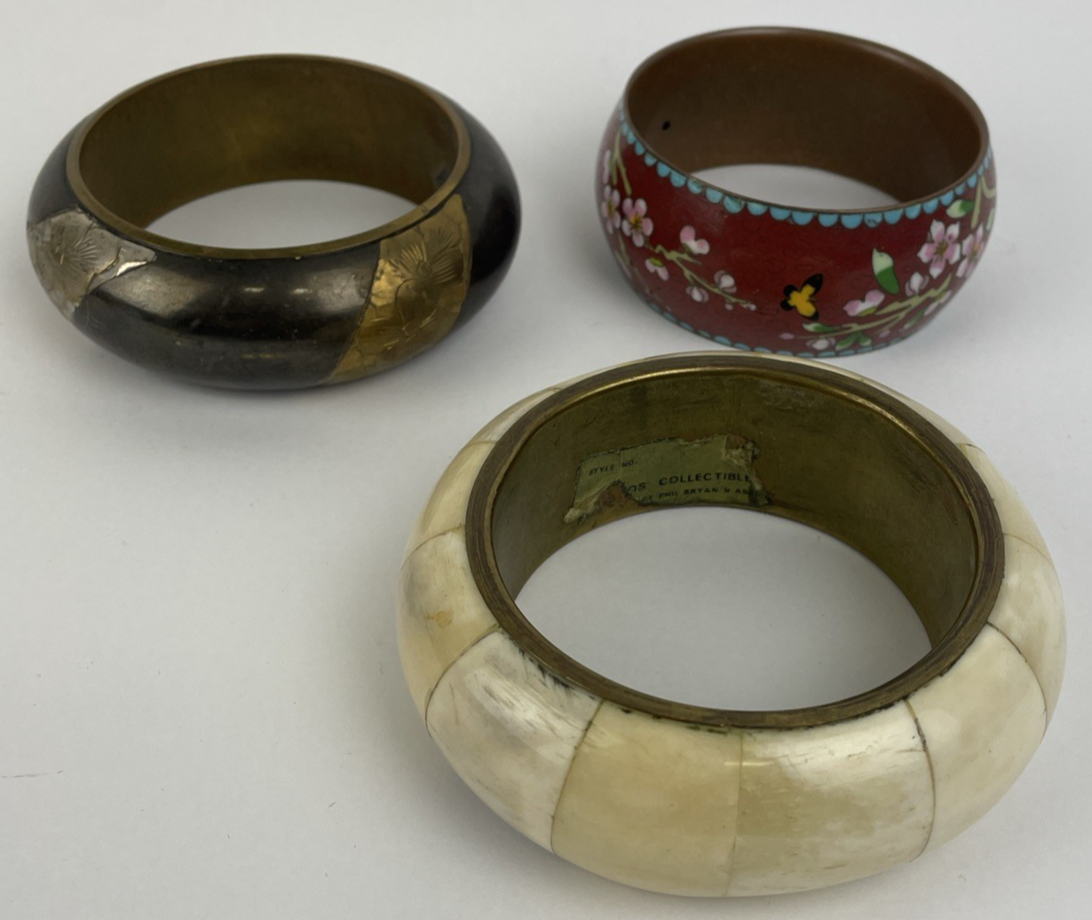 Lot of 3 Bracelet s Vintage Indian bone + Inlay Bangle Brass Floral Bird 8.5