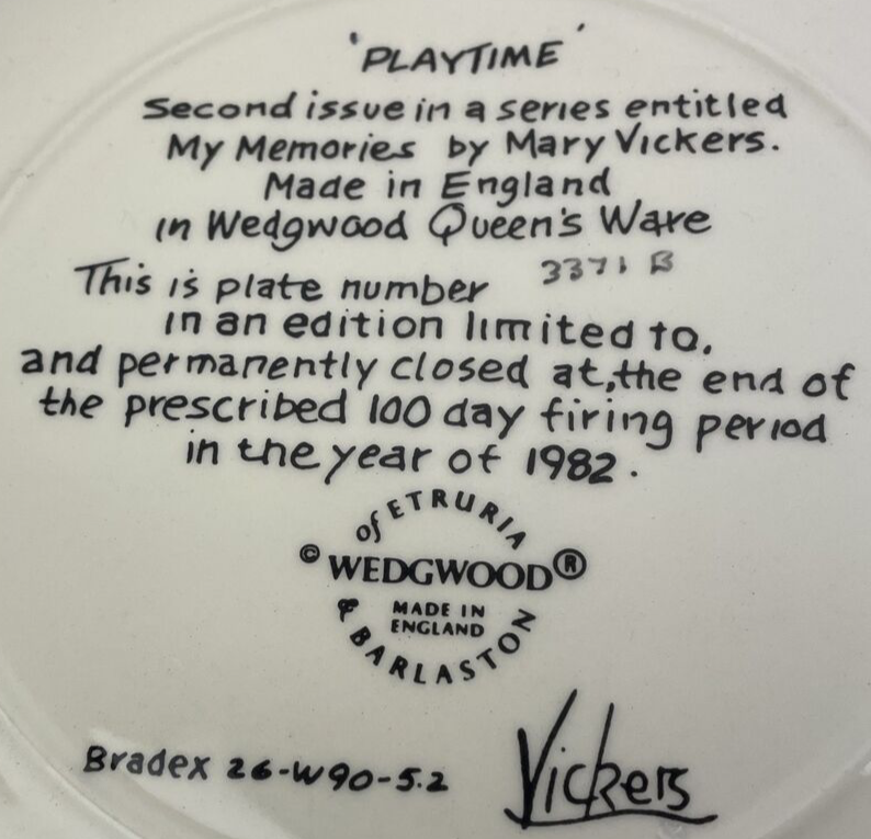 Wedgwood " Playtime " Collectors Plate by Artist Mary VIckers 1982 England