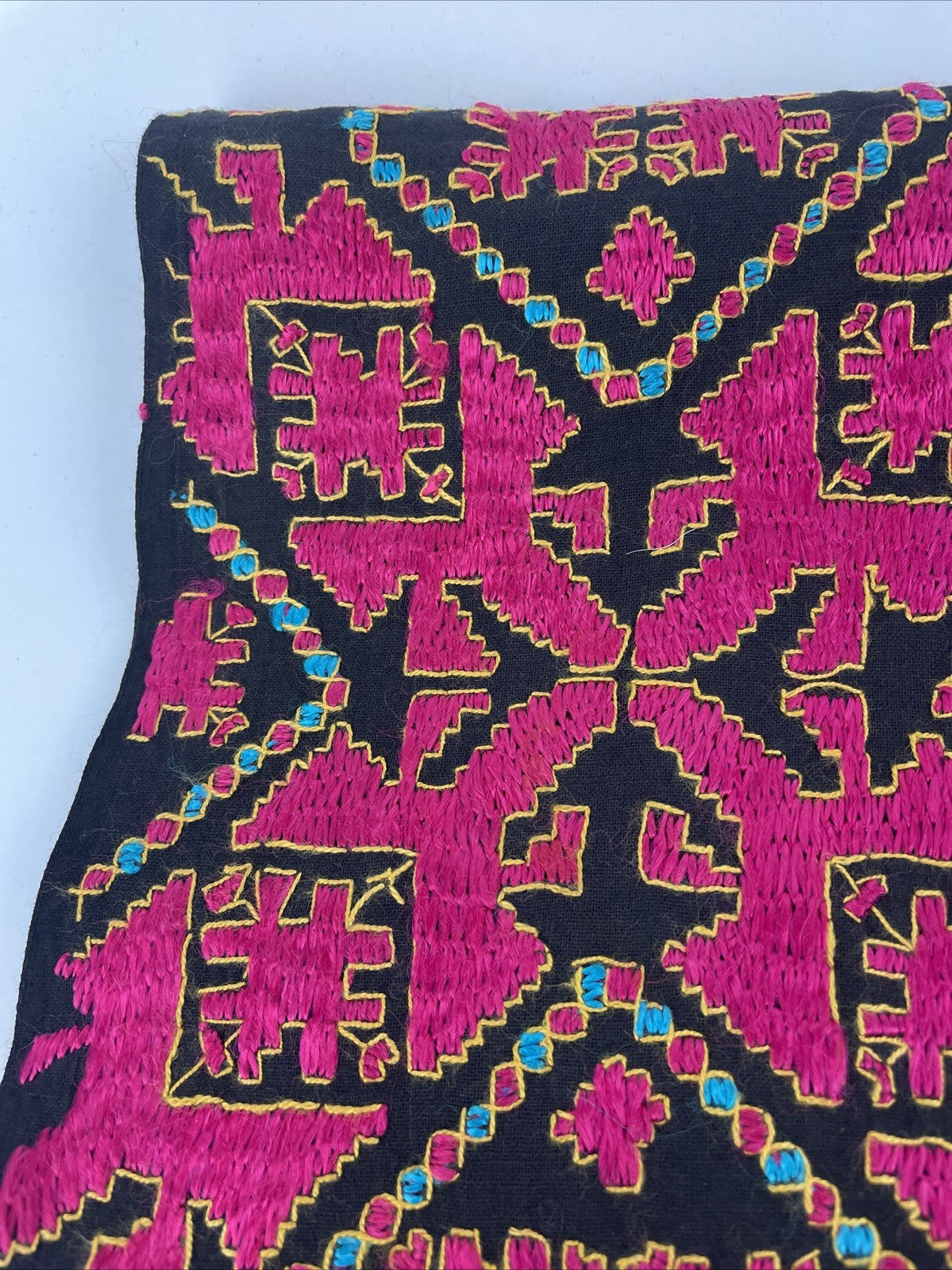 Vintage South Asian Silk Swati Textile Hand Embroidery Magenta Black 76" x 13.5"