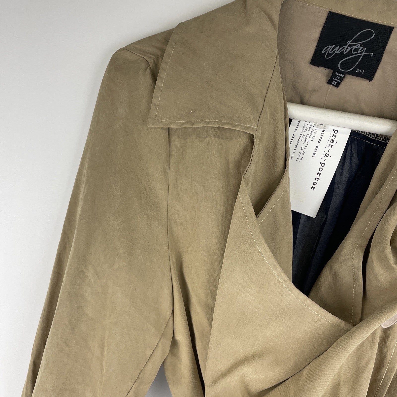 Audrey Belted Cropped Tan Trench Coat w Wide Lapels Sheer Nany Mesh Back Sz M