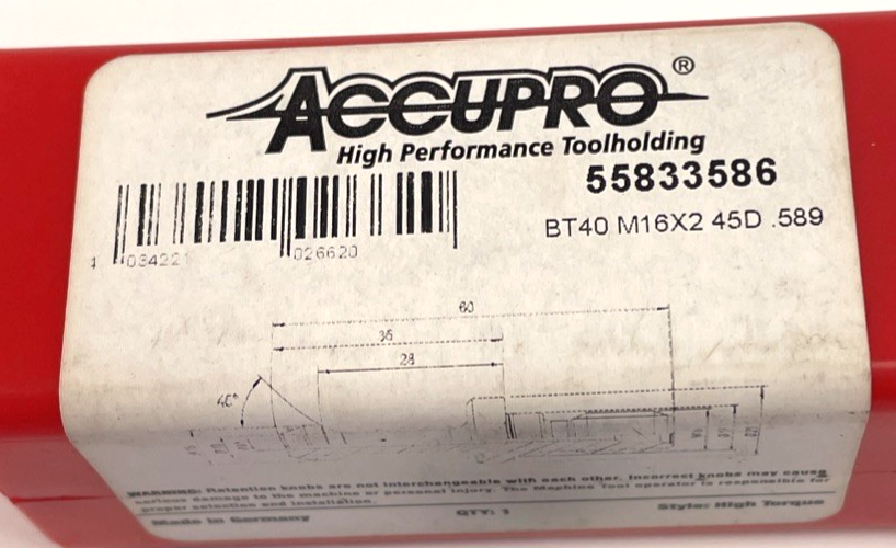 ACCUPRO 55833586 M16X2 Style C BT40 High Torque Retention Knob 45D .589