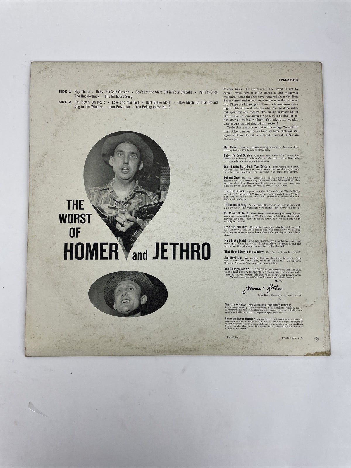 The Worst Of Homer and Jethro LP RCA VICTOR High Fidelity Recording LPM-1560