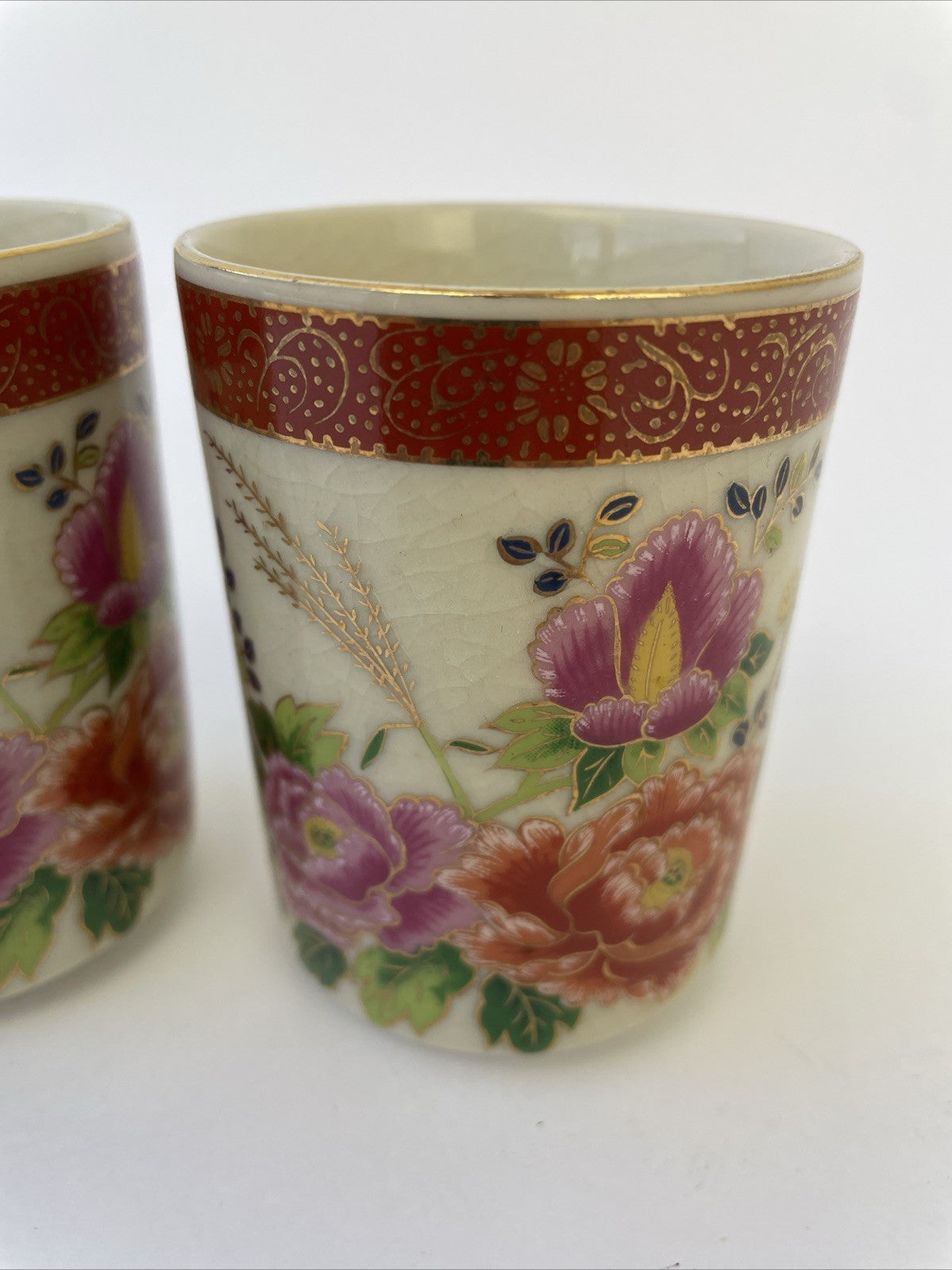 4 x Satsuma Japan Saki Crackled Teacup Hand Painted Floral Design 3.25" x 2.5"