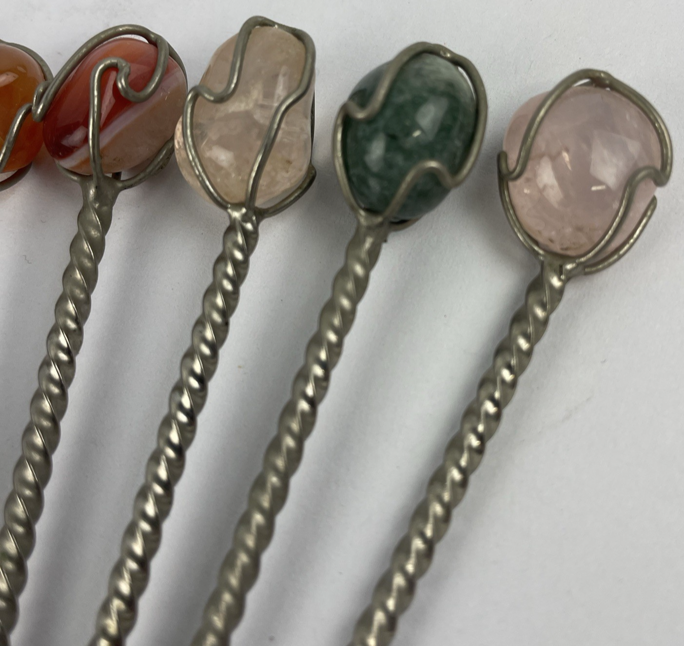 Vintage POLISHED AGATE TOP SET OF 9 SILVERPLATE Party HORS D'OEUVRE PICS 4"