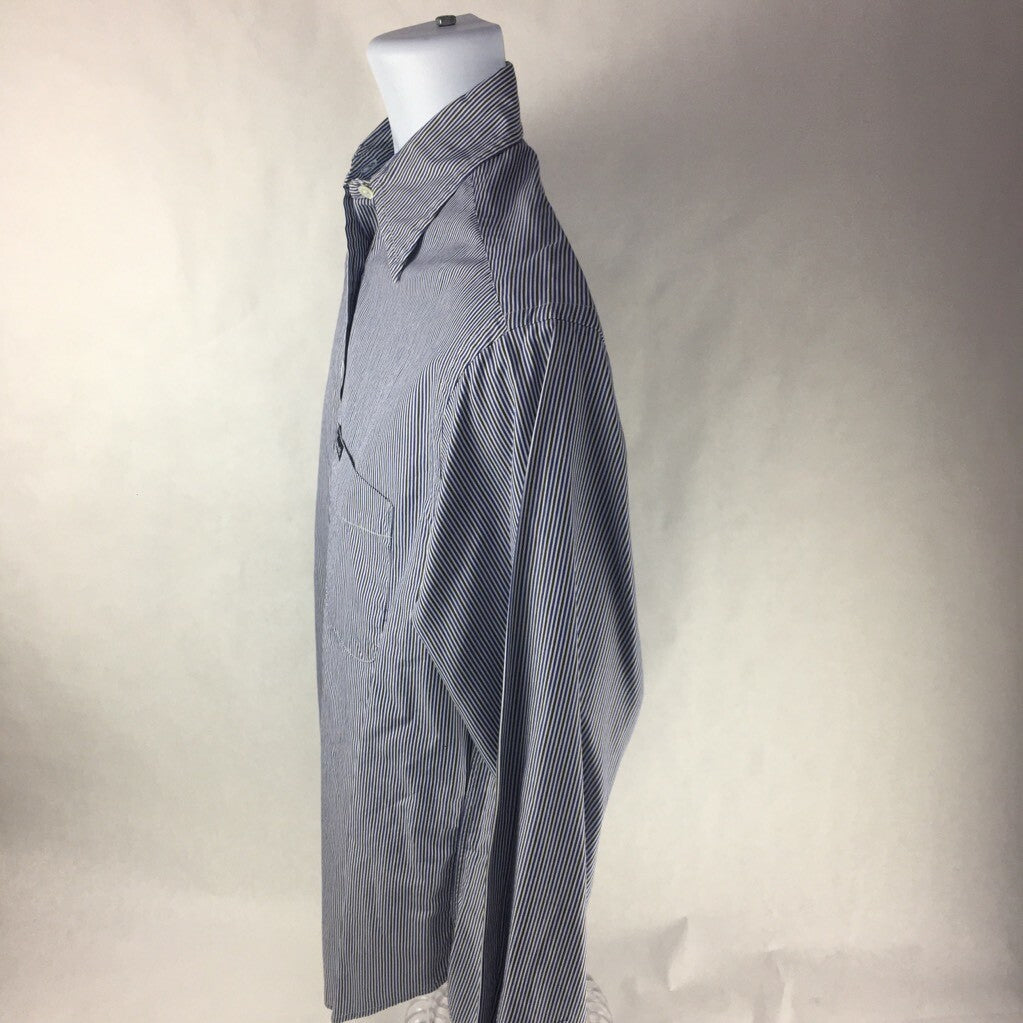 Faconnable Mens Button Front Shirt White Blue Stripe Long Sleeve Pocket Cotton S