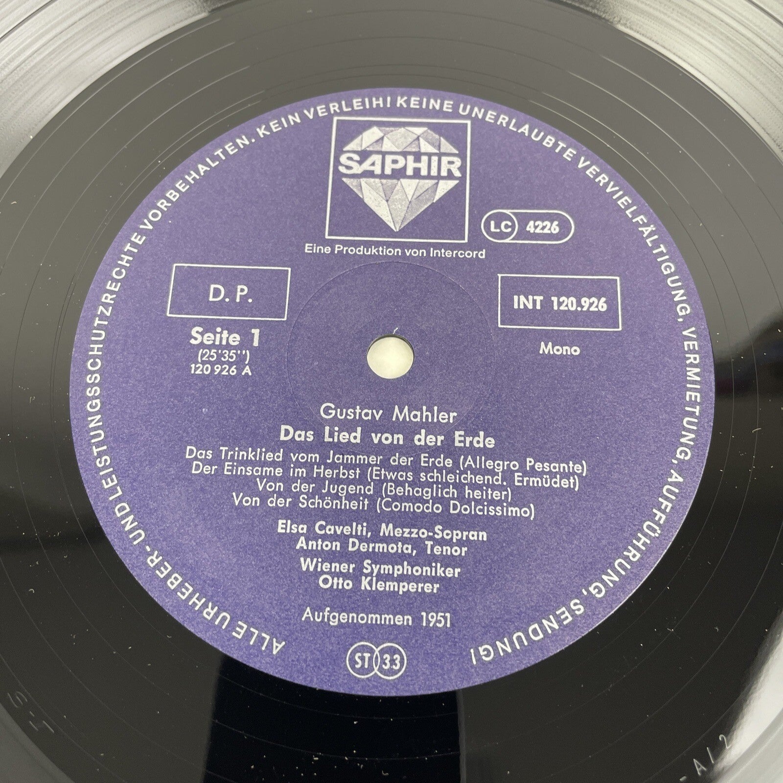 Gustav Mahler : Das Lied von der Erde Saphir Records Intercord Klassische Disco