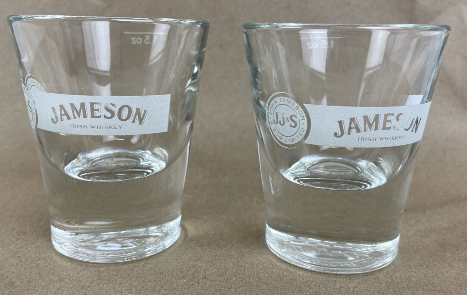 2 x Jameson Irish Whiskey JJ&S Etched Logo Heavy Bottom Shot Glasses 1.5 oz Lot