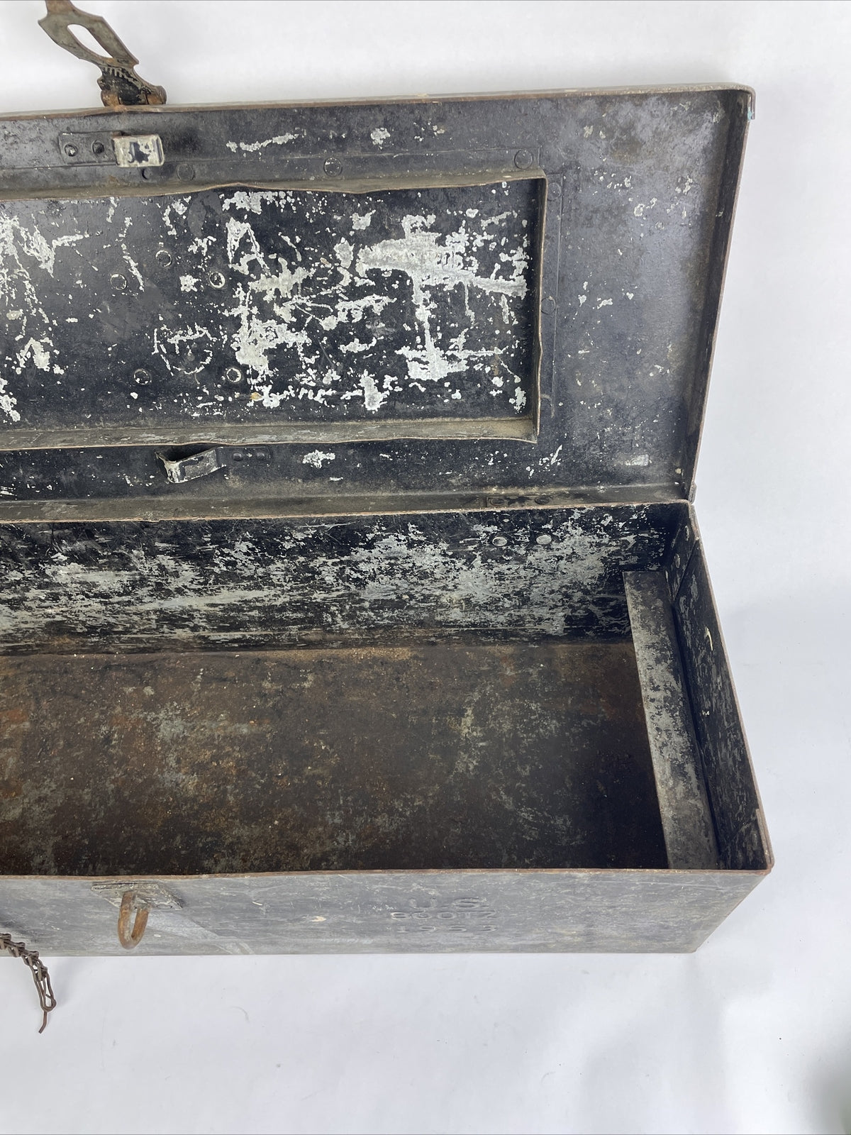 Vtg Mid-Century 1953 Military Black Metal Fishing Tackle Tool Box Embossed LOOK