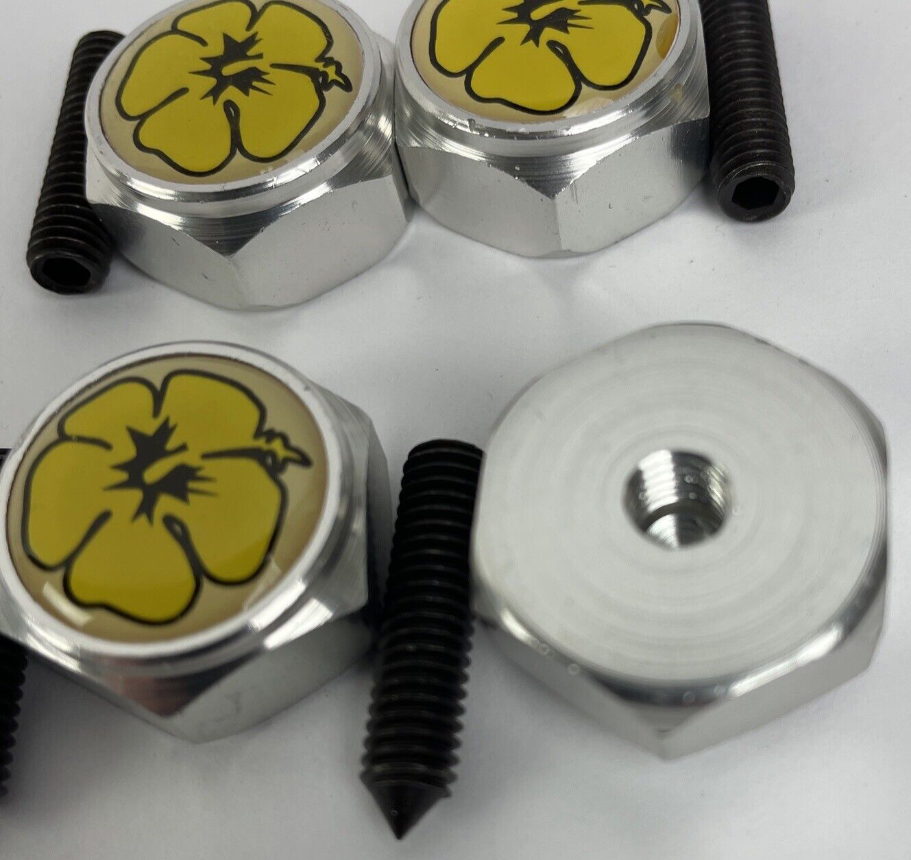 4 Yellow FLOWER License Plate Frame BOLTS Screws Caps CAR TRUCK SUV BOAT RV