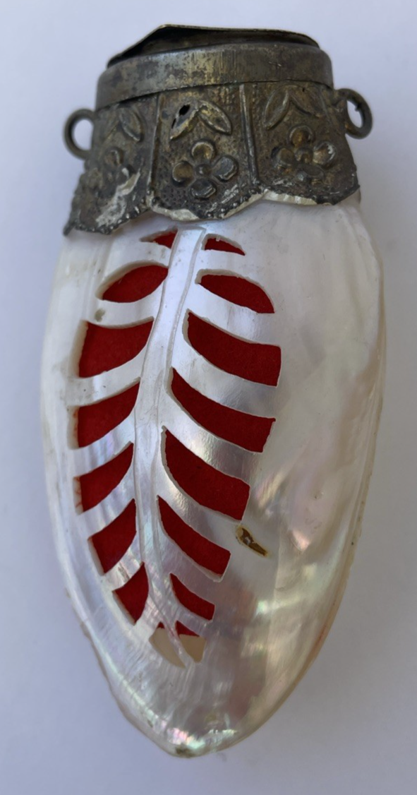 Vintage Mother of Pearl Shell Hinged Scent Bottle, Snuff Box Carved Front w Red