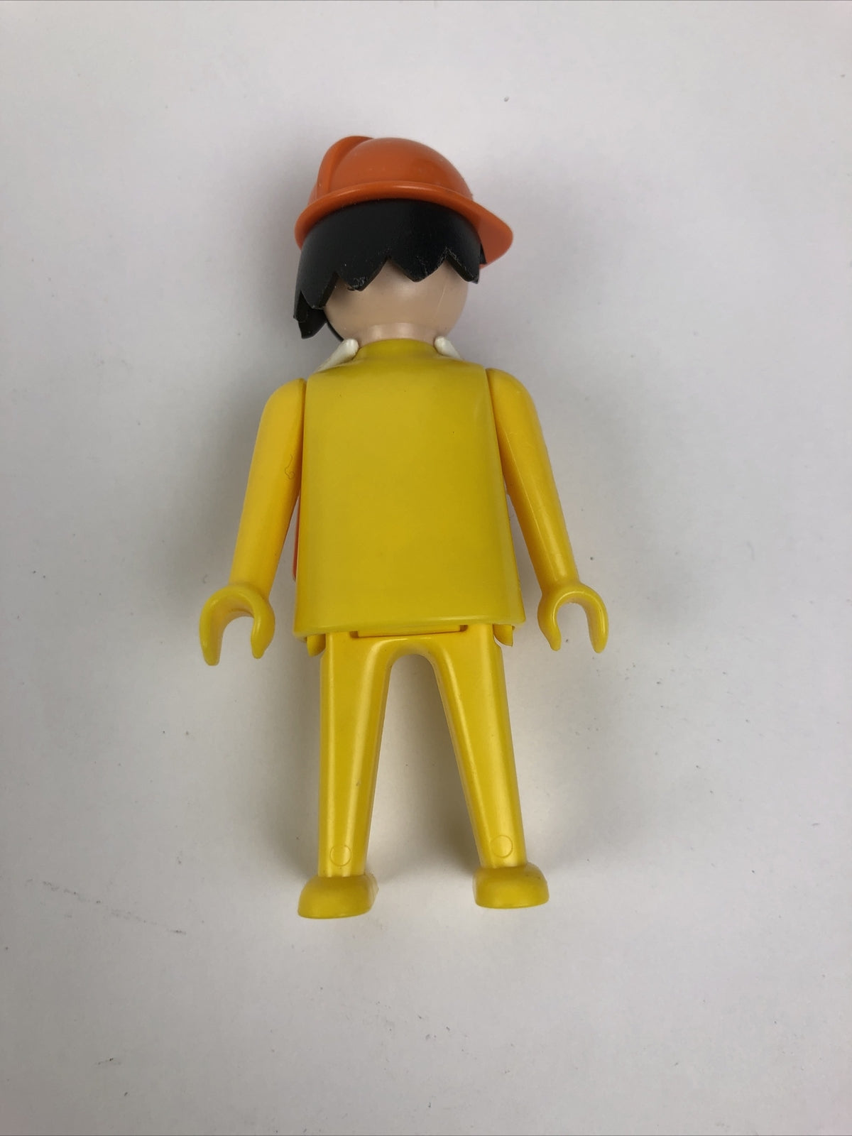 1974 Geobra Playmobill Yellow Clothes Orange Hardhat Black Hair 3" Figure w VEST