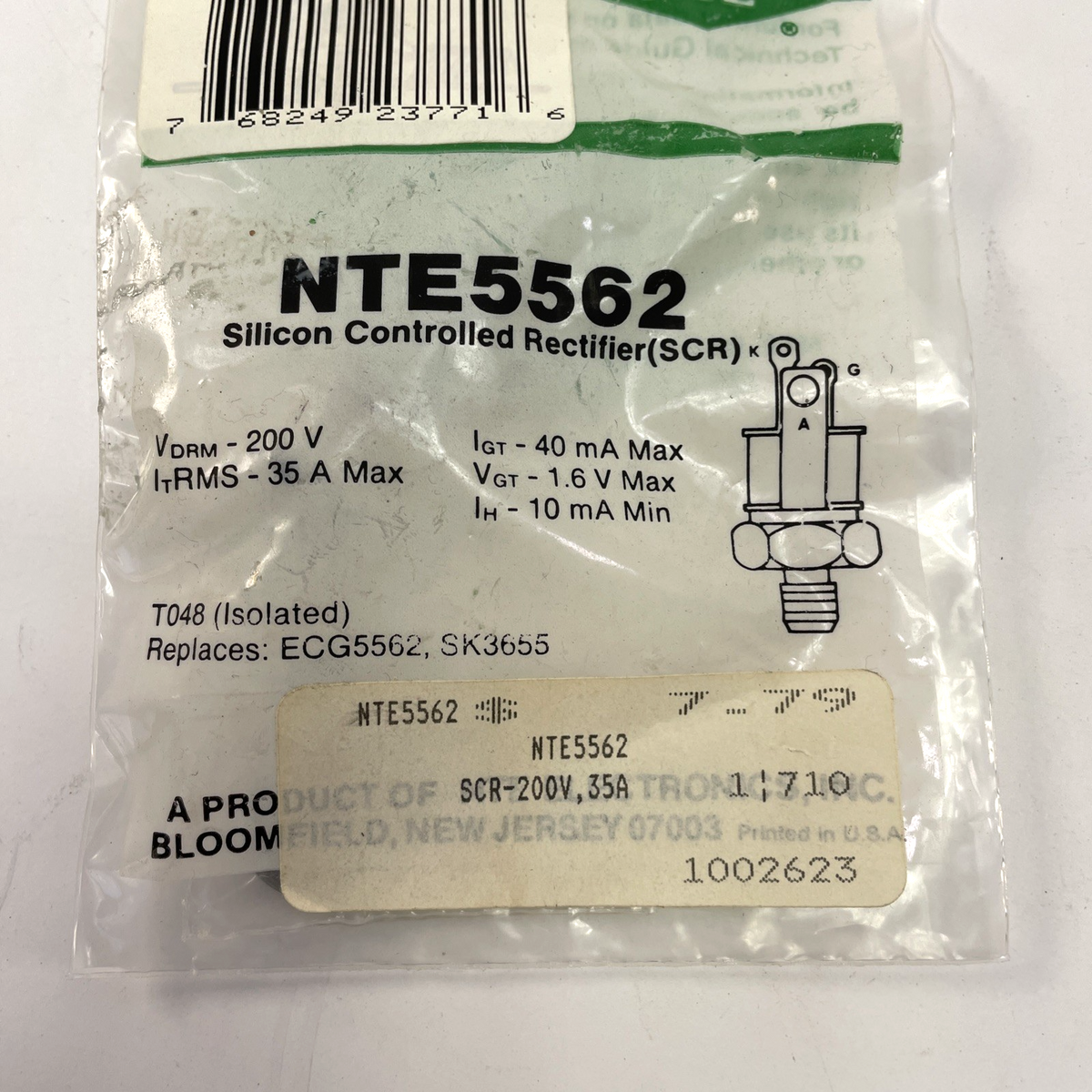 NTE Electronics NTE5562 SILICON CONTROLLED RECTIFIER 200VRM 35A TO-48 IGT=30MA