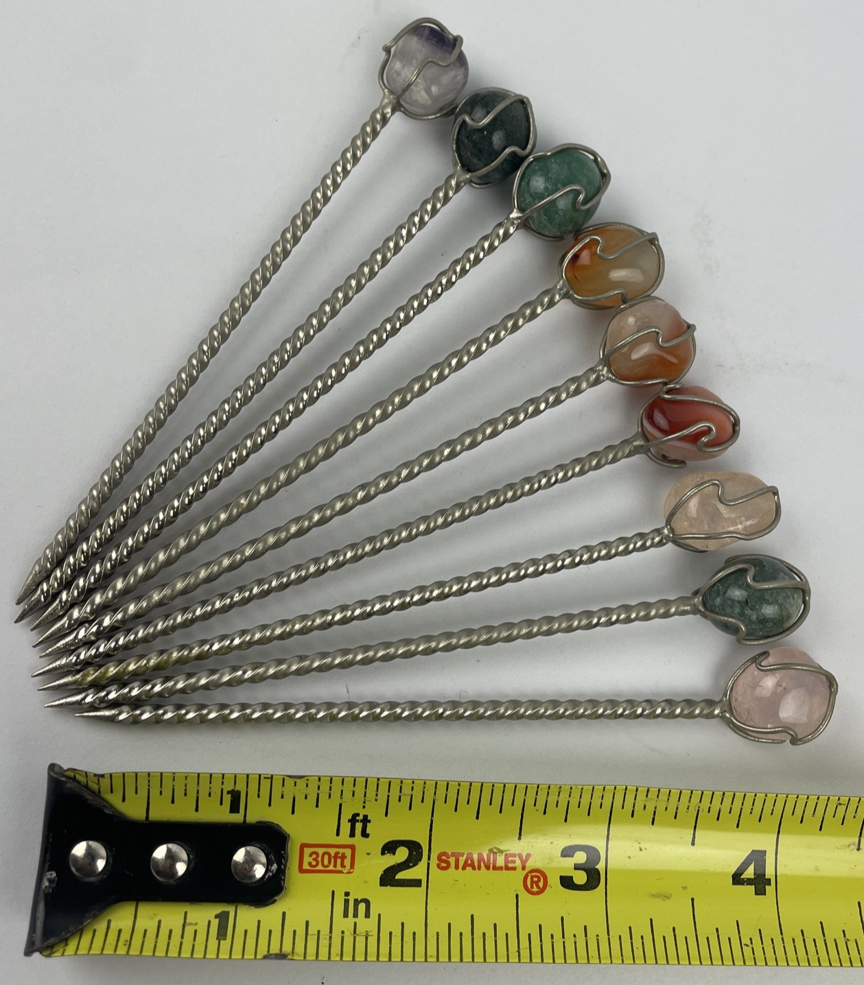 Vintage POLISHED AGATE TOP SET OF 9 SILVERPLATE Party HORS D'OEUVRE PICS 4"