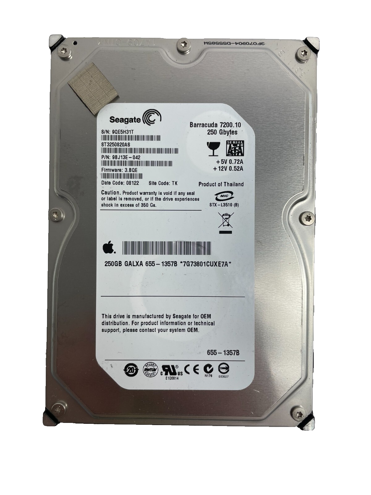 Seagate Barracuda ST3250820AS 7200 250 Gbytes Galxa 655 - 1357B Cache Size 8 MB