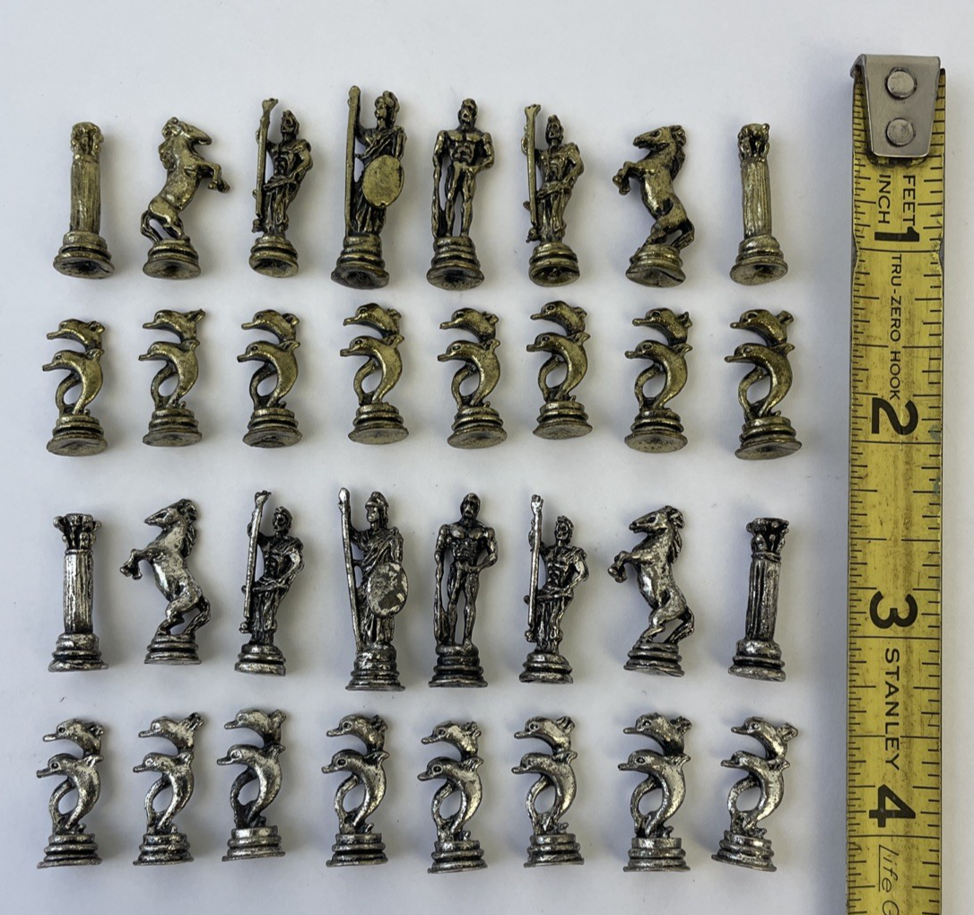 Vintage Miniature Neptune Fantasy Theme Pewter Chess Pieces Full Set Gold Silver