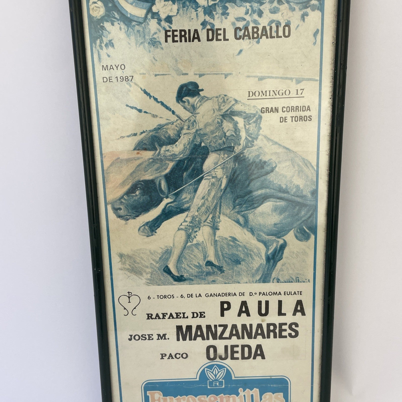 JEREZ Feria Del Caballo SPAIN Bullfighting Framed Vintage Poster 1987 19" x 8"