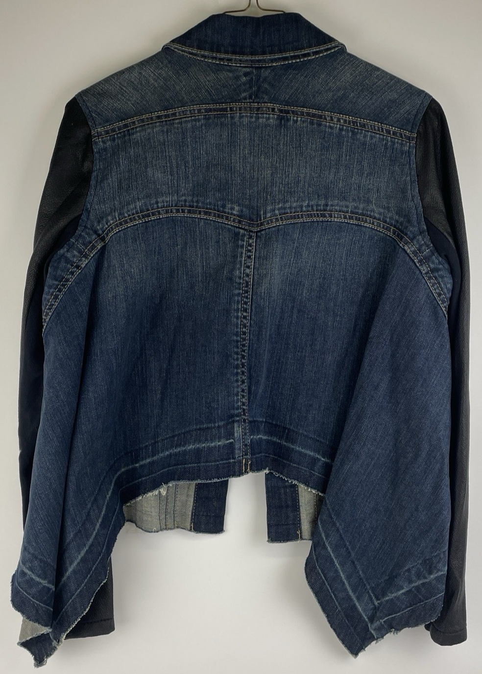 BCBGMAXAZRIA Women's Boe Denim Moto Jacket Faux Leather Dark Wash Size XXS NWT
