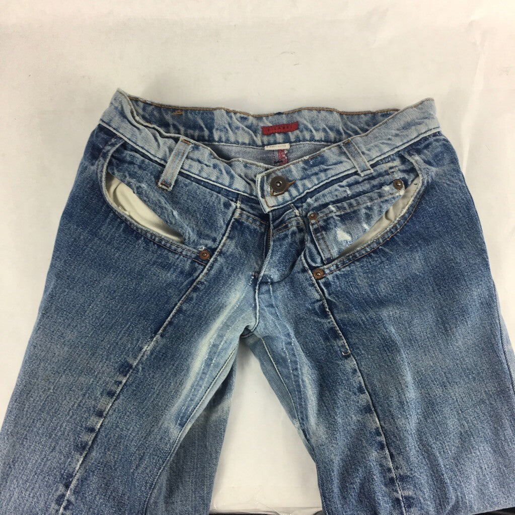 Womens Straight Leg Jeans Blue Zip Fly Mid Wash Ultra Low Rise Pockets Cotton 26
