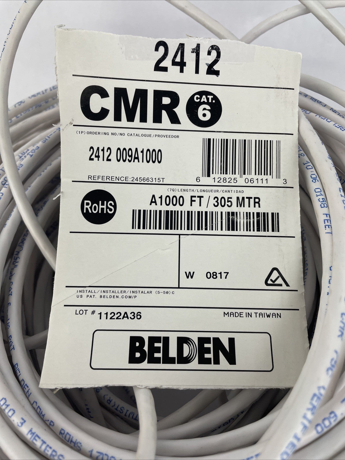 Belden 2412 009A1000 CAT6+ Network Cable 4-Pair U/UTP CMR, 23AWG, 180 ft, White