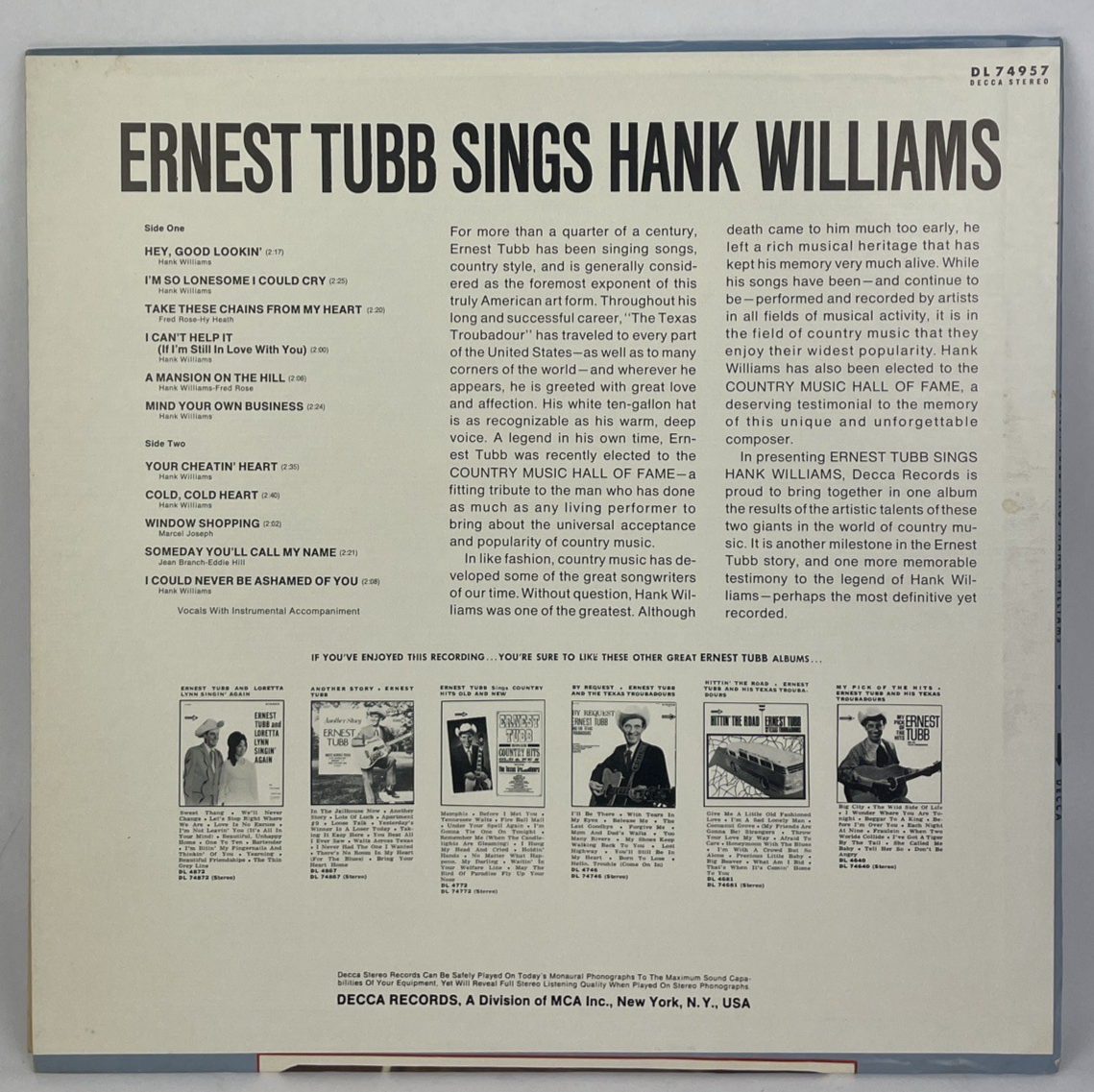 Ernest Tubb Sings Hank Williams - 1968 - Decca Records DL 74957 Vinyl LP  MINT